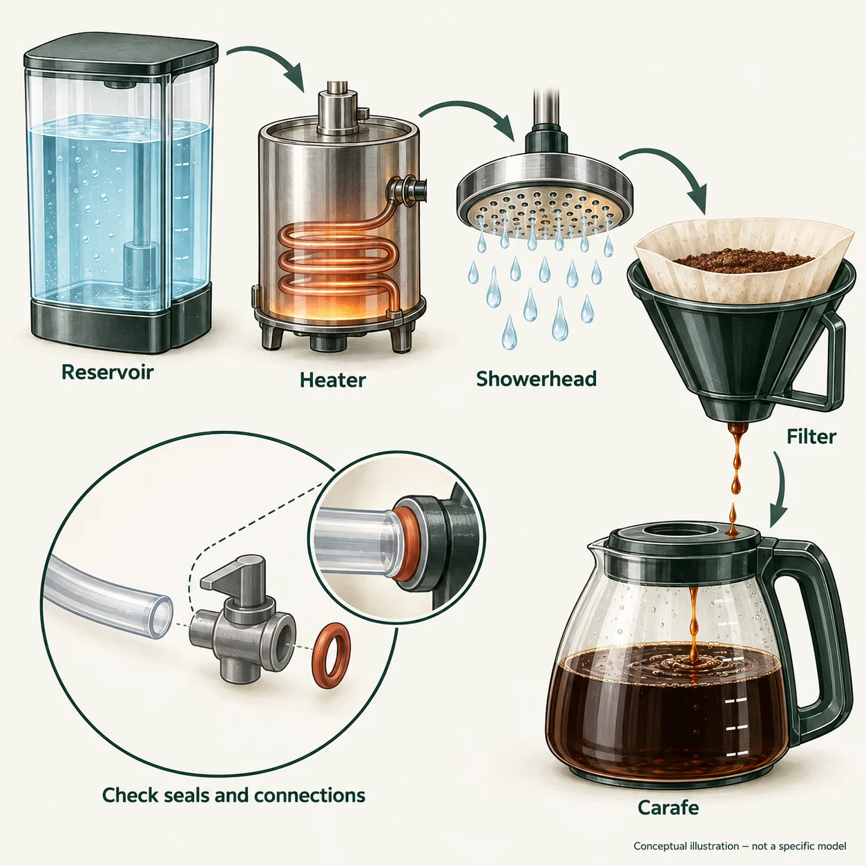 Five contact points to check: reservoir, heater, water outlet, filter basket and carafe. Check tubing, valves, seals and joints between them.