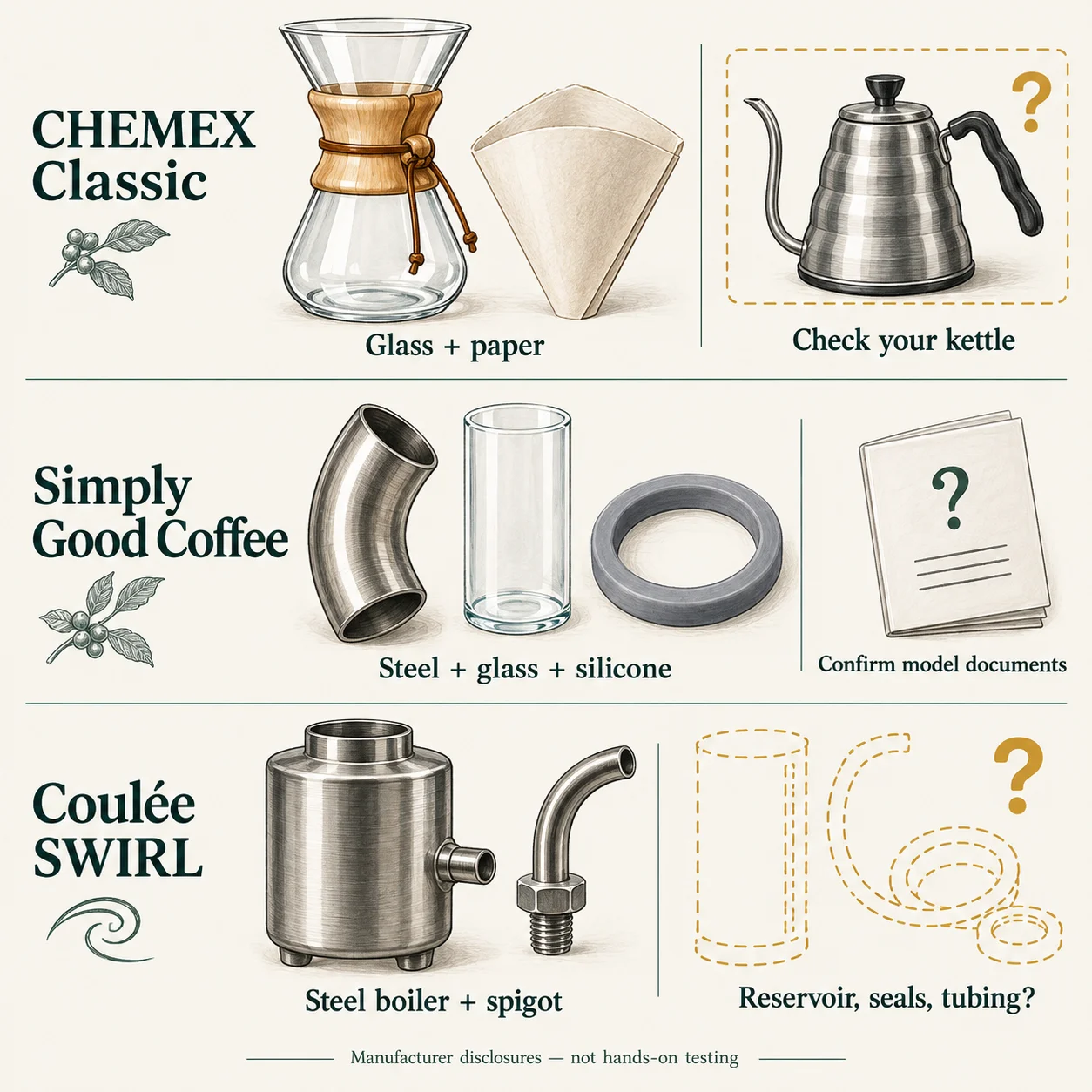 Materials evidence: CHEMEX lists a glass brewer and paper filter; check the kettle separately. Simply Good Coffee lists steel, glass and silicone; confirm model-specific documentation. Coulée lists a steel boiler and spigot; the reservoir, seals and tubing remain unverified.